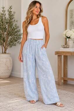 Guess Los Angeles Light Blue Floral Embroidered Wide Leg Pants Q4YB02WGQ80 L